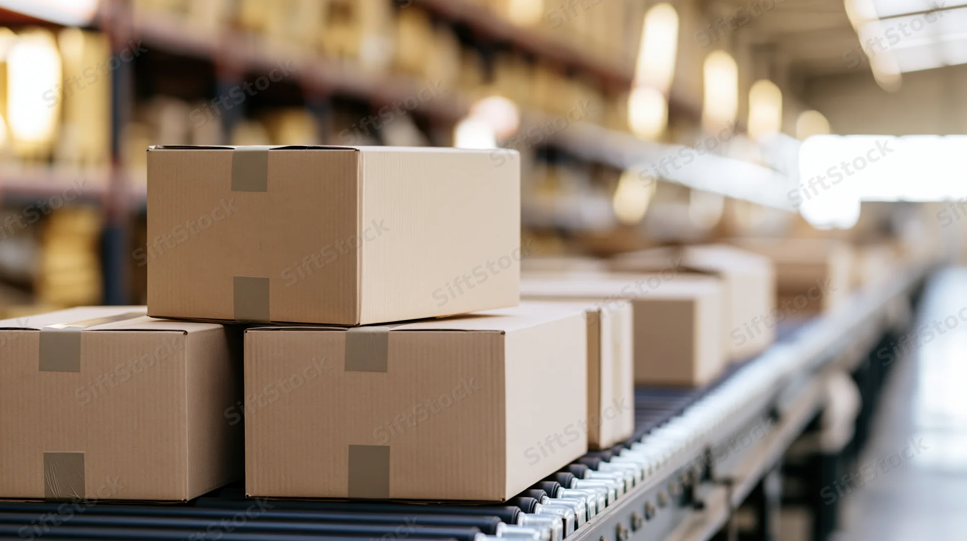 Cardboard boxes moving on conveyor belt in warehouse