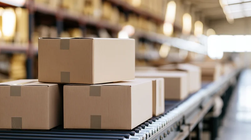 Cardboard boxes moving on conveyor belt in warehouse