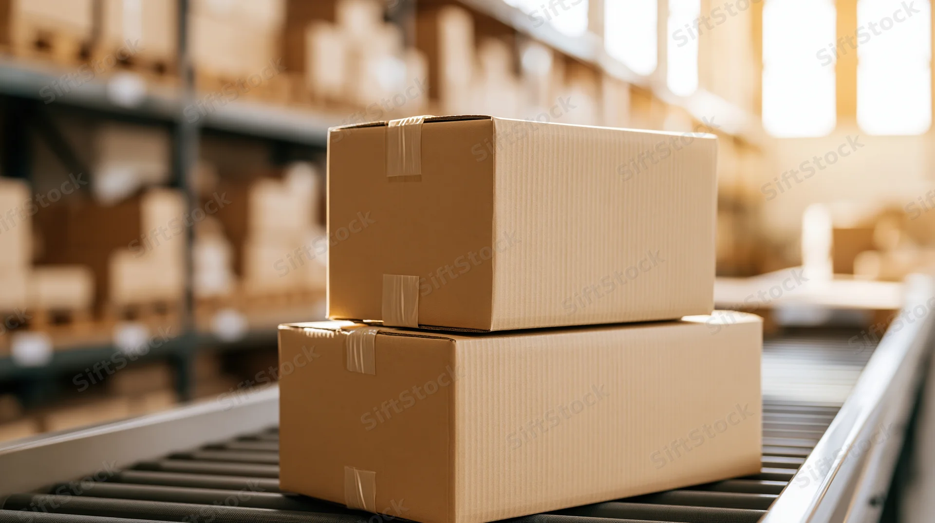 Two cardboard boxes stacked on a conveyor belt in a warehouse