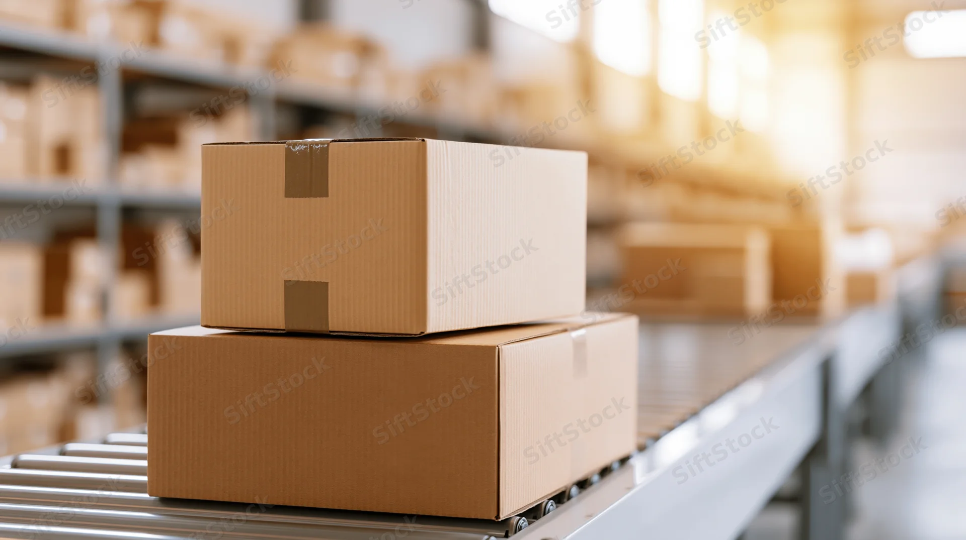 Two cardboard boxes stacked on a conveyor belt in a warehouse