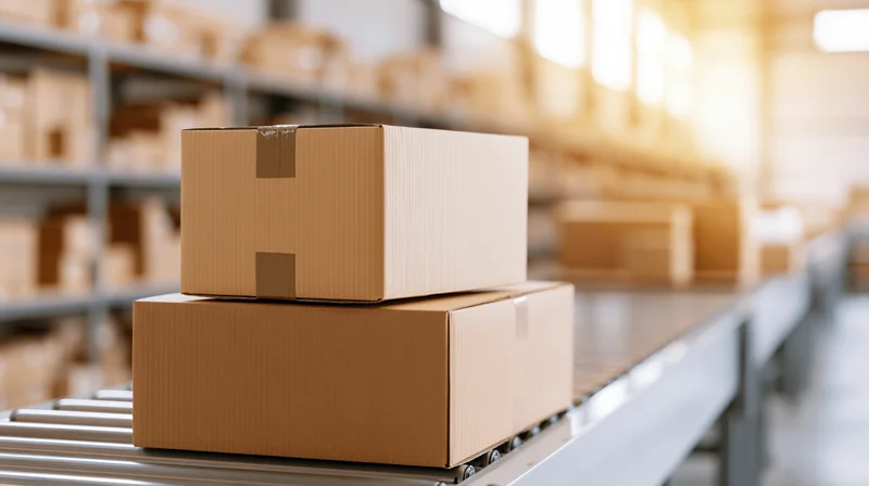 Two cardboard boxes stacked on a conveyor belt in a warehouse