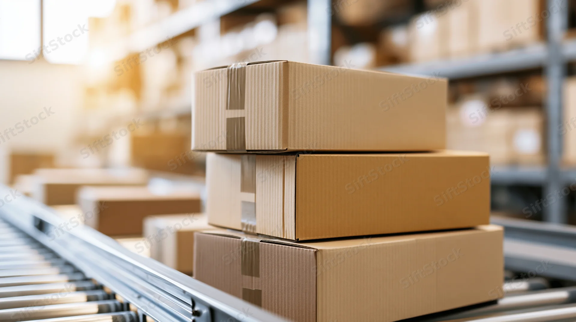 Stack of cardboard boxes on conveyor belt in warehouse