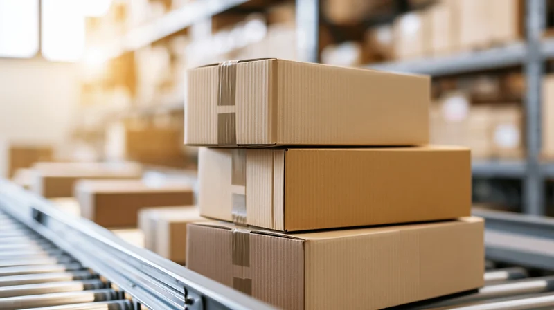 Stack of cardboard boxes on conveyor belt in warehouse