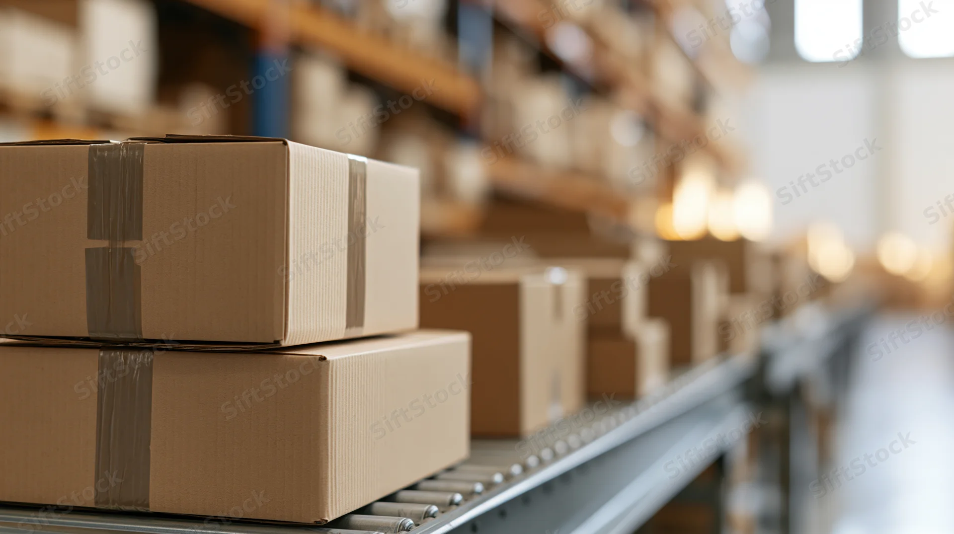 Cardboard boxes stacked on a conveyor belt in a warehouse