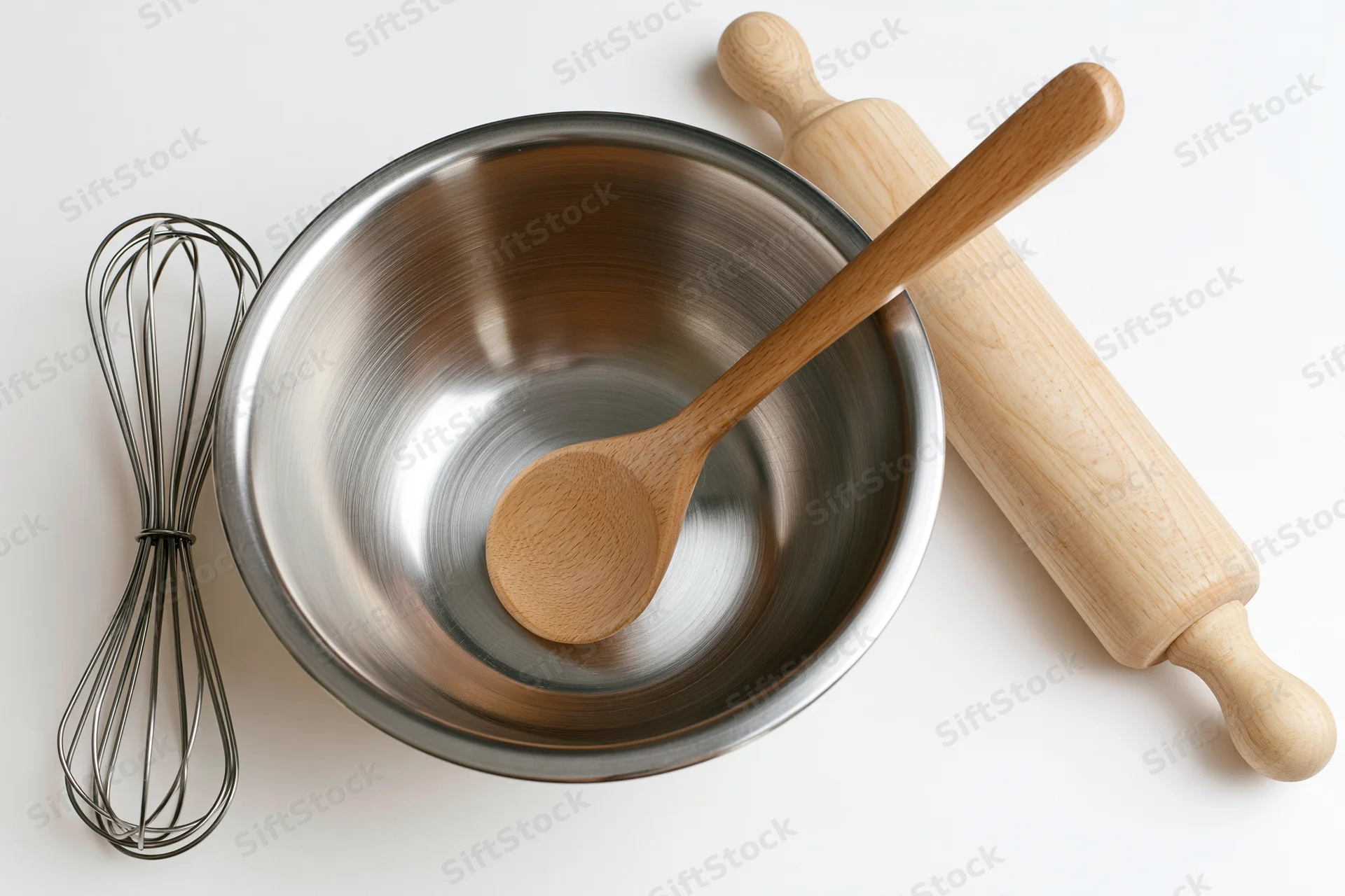 Stainless steel mixing bowl with wooden spoon, rolling pin and whisk on white surface