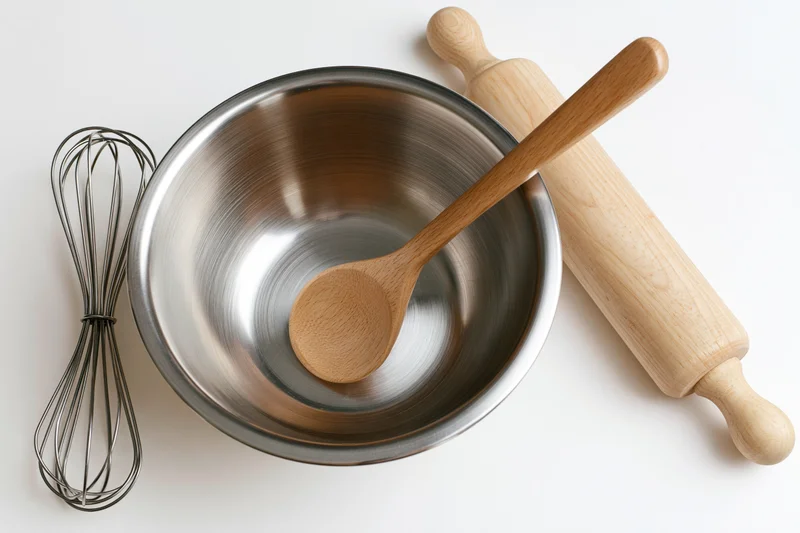 Stainless steel mixing bowl with wooden spoon, rolling pin and whisk on white surface