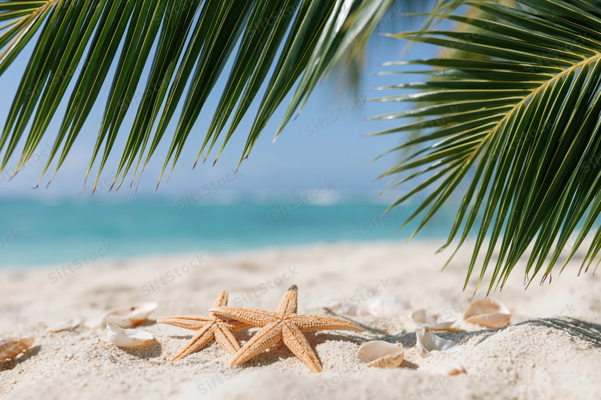 Starfish and seashells on sandy beach under palm fronds with turquoise ocean in background