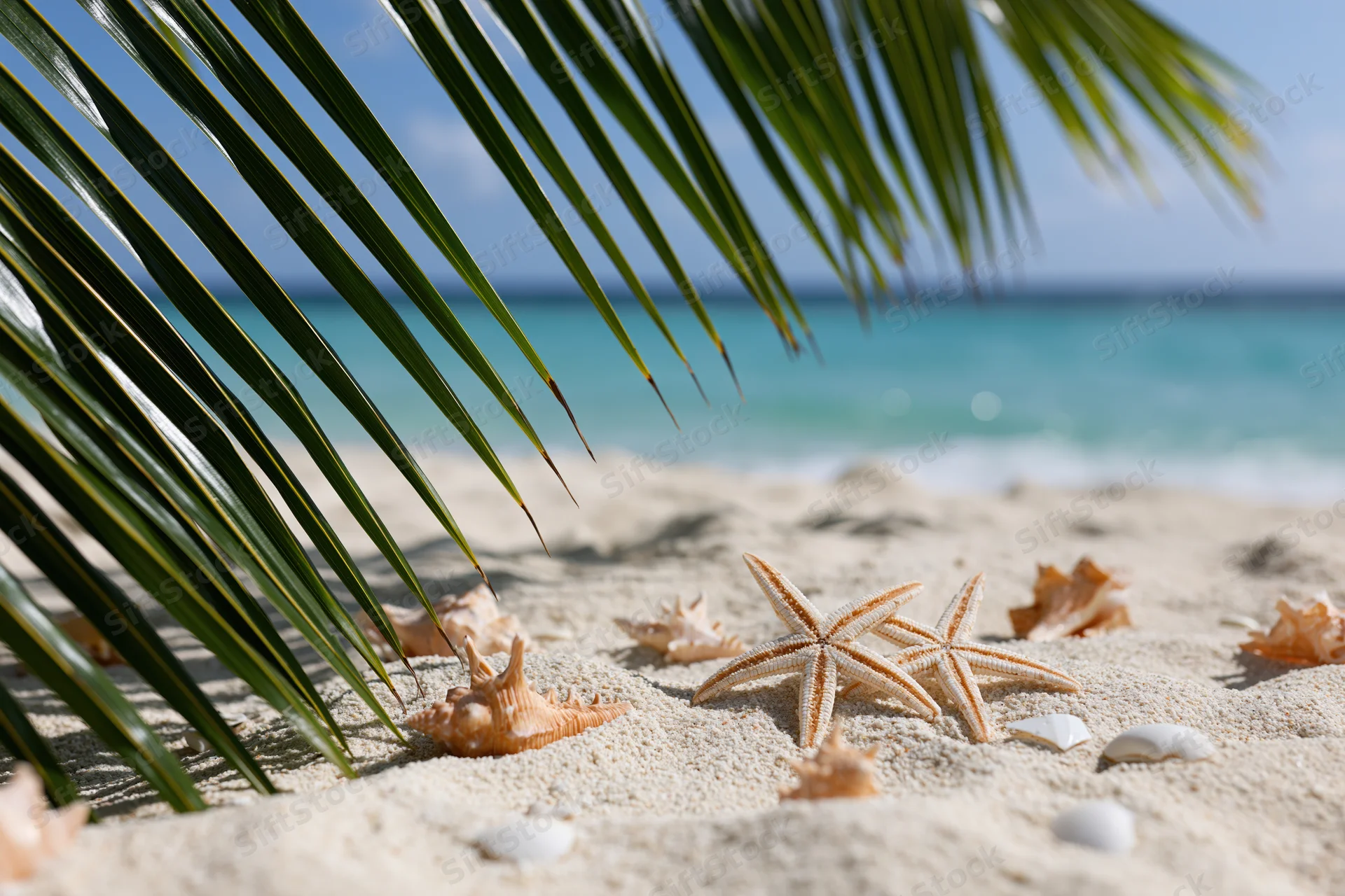 Starfish and seashells on sandy beach under palm fronds with ocean in background