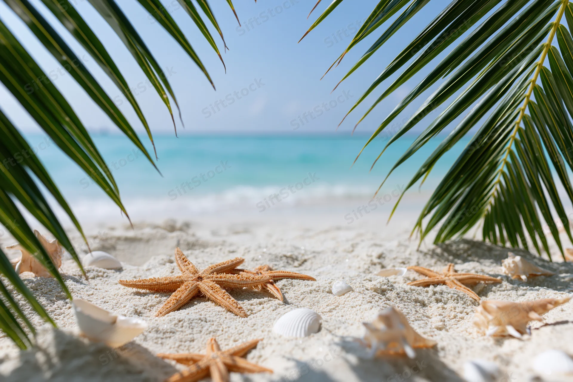 Starfish and seashells scattered on white sand under palm fronds by turquoise ocean