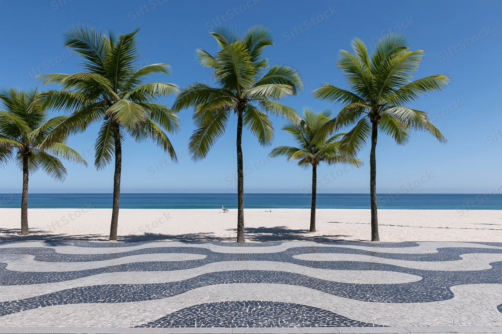 Palm trees lining a mosaic pavement beside a sandy beach with ocean and blue sky in the background
