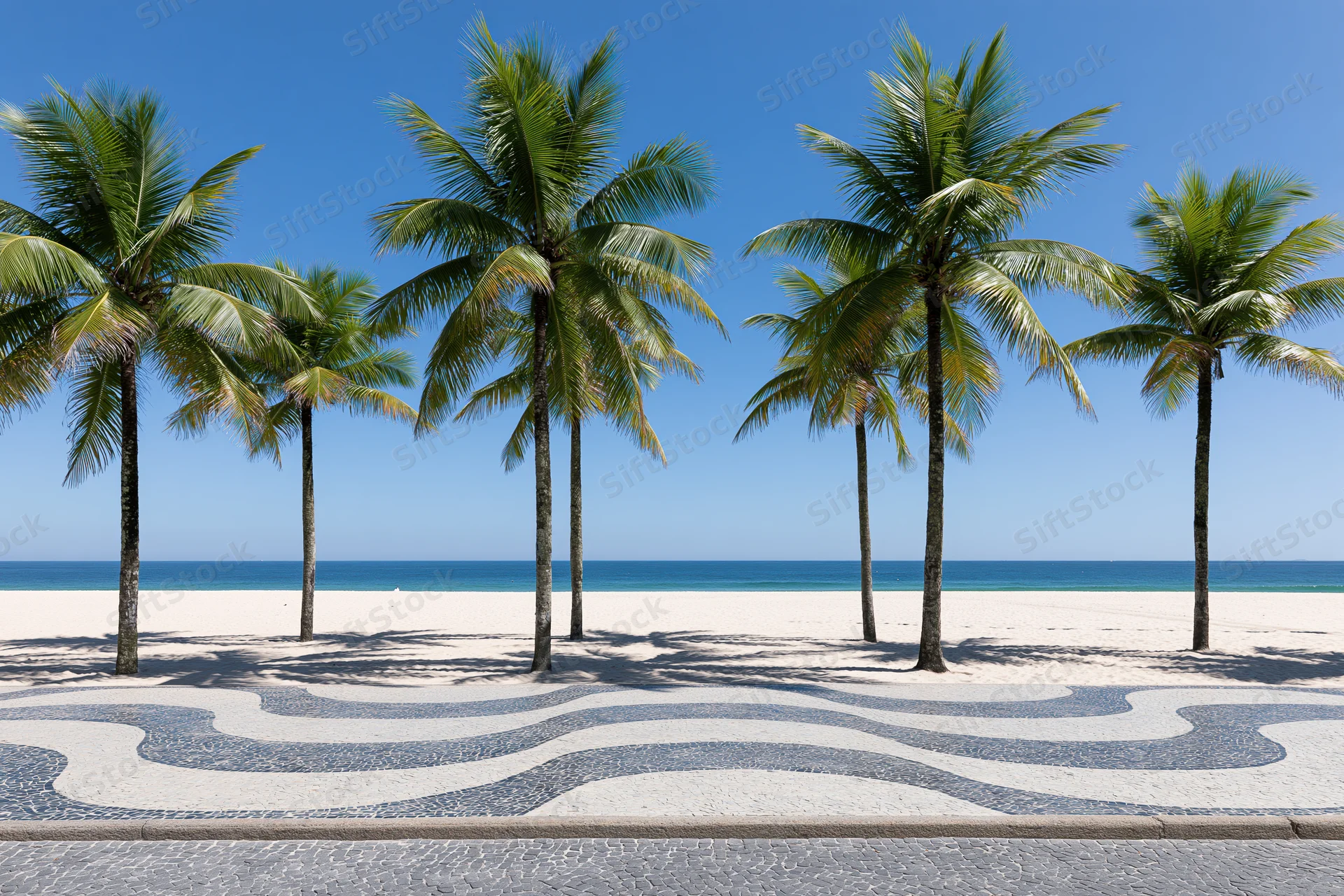 Palm trees lining a mosaic sidewalk beside a sandy beach with ocean and blue sky