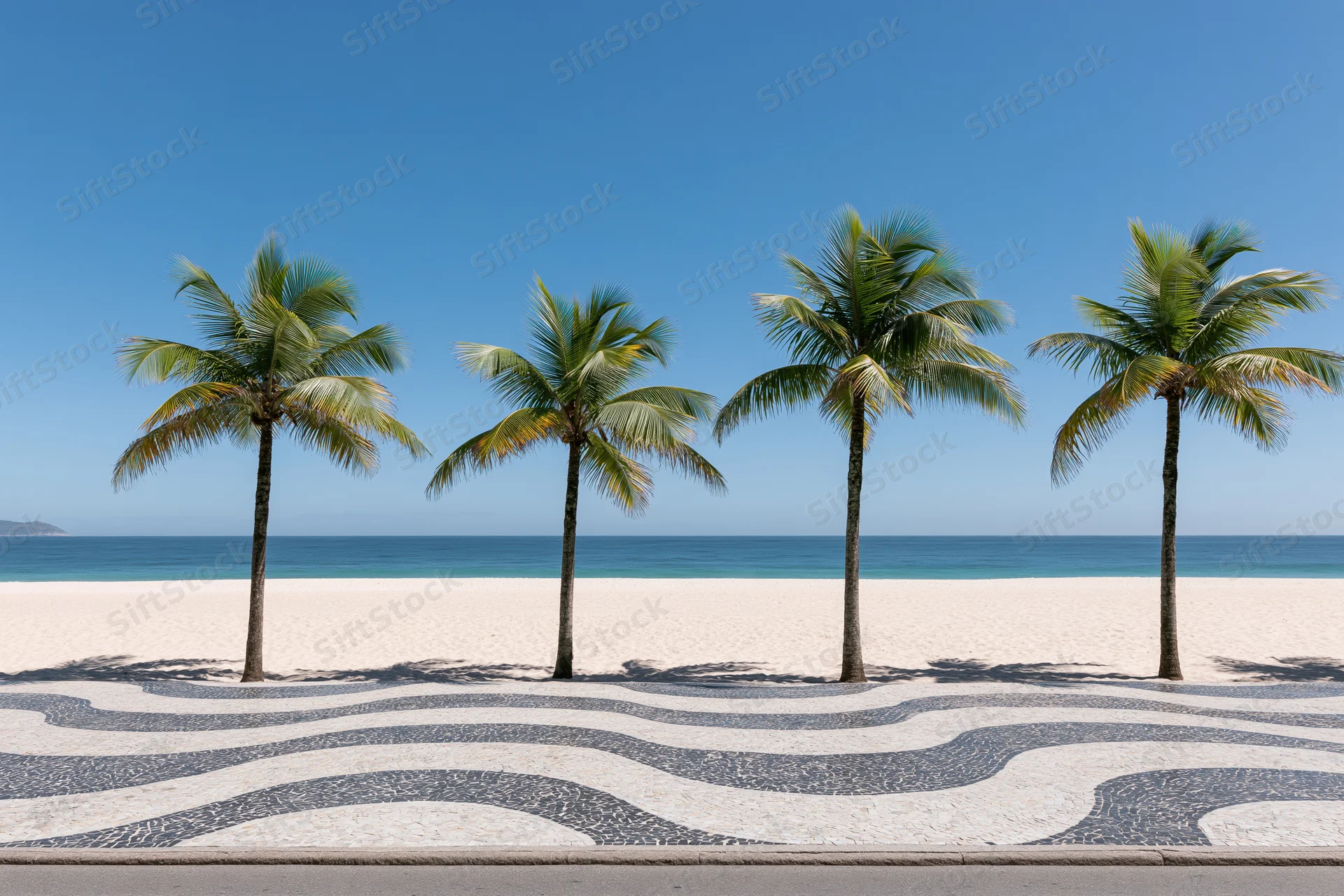 Four palm trees lined along a mosaic sidewalk beside a sandy beach with ocean and blue sky in background