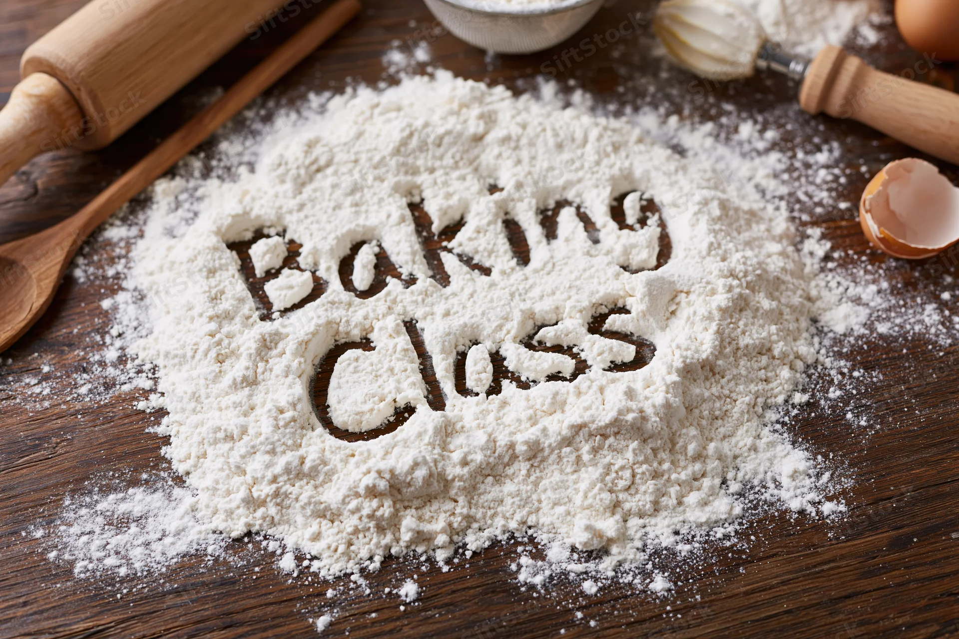 Flour with "baking class" written in it on a wooden table surrounded by baking tools
