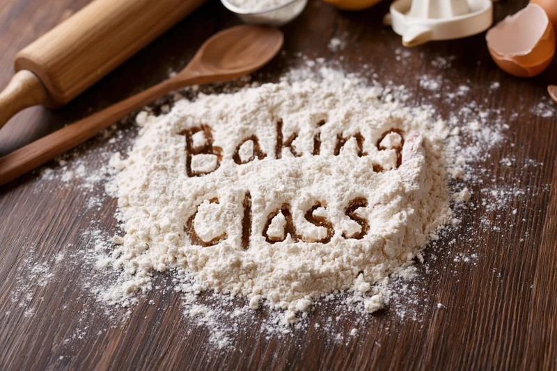 Flour with "baking class" written in it on a wooden table surrounded by kitchen tools