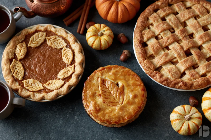 Pumpkin pies with leaf decorations and autumn decor on dark table