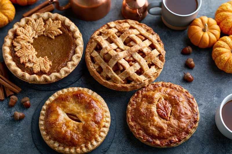 Four different pies with autumn decorations on a dark stone table surrounded by pumpkins, acorns, and tea mugs