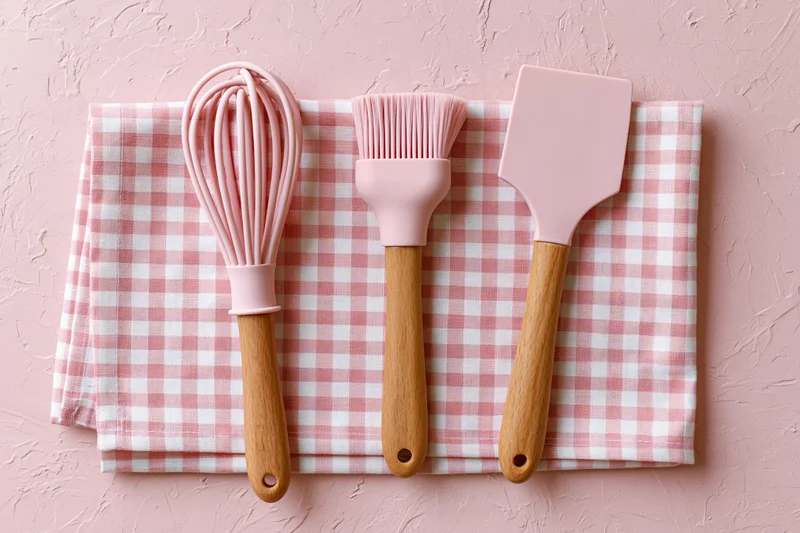 Pink silicone and wooden kitchen utensils arranged on a checkered cloth over a textured pink surface