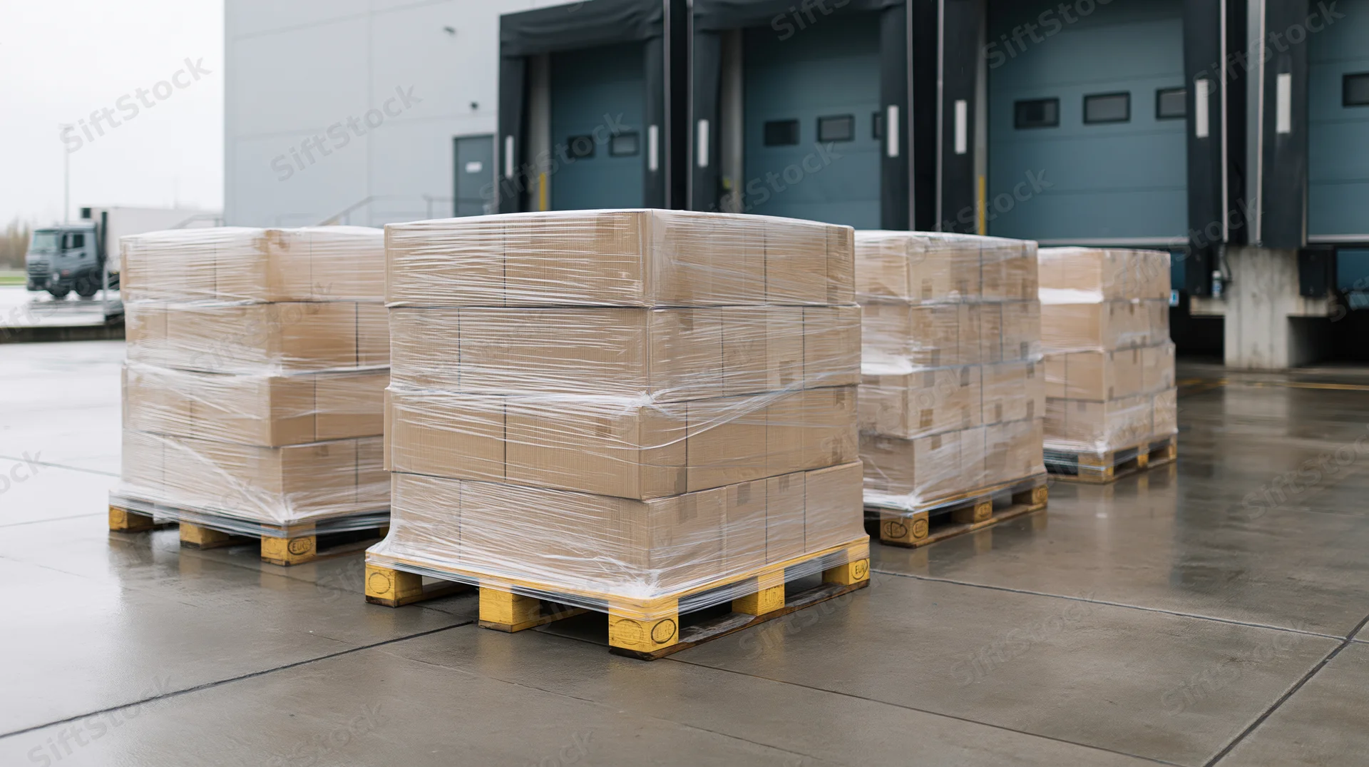 Stacks of shrink-wrapped boxes on pallets in a warehouse loading dock area