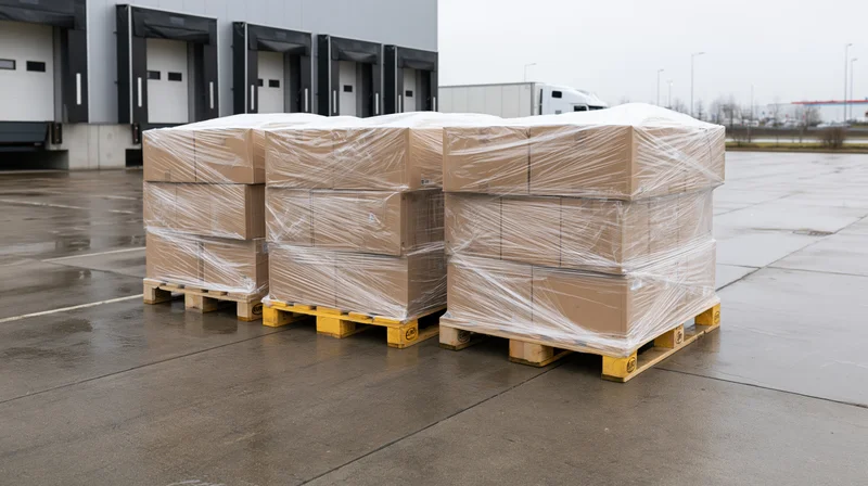 Stacked cardboard boxes wrapped in plastic on yellow pallets outside a warehouse loading dock
