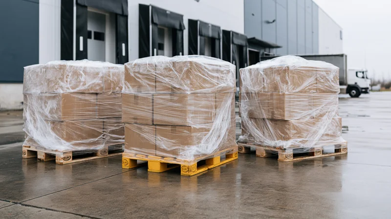 Three pallets stacked with cardboard boxes wrapped in plastic film outside a warehouse loading dock