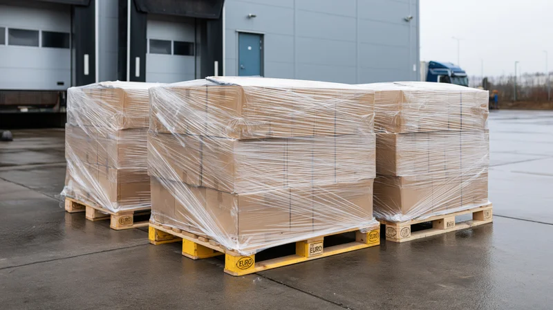 Stacked cardboard boxes wrapped in plastic on yellow pallets outside a warehouse loading dock