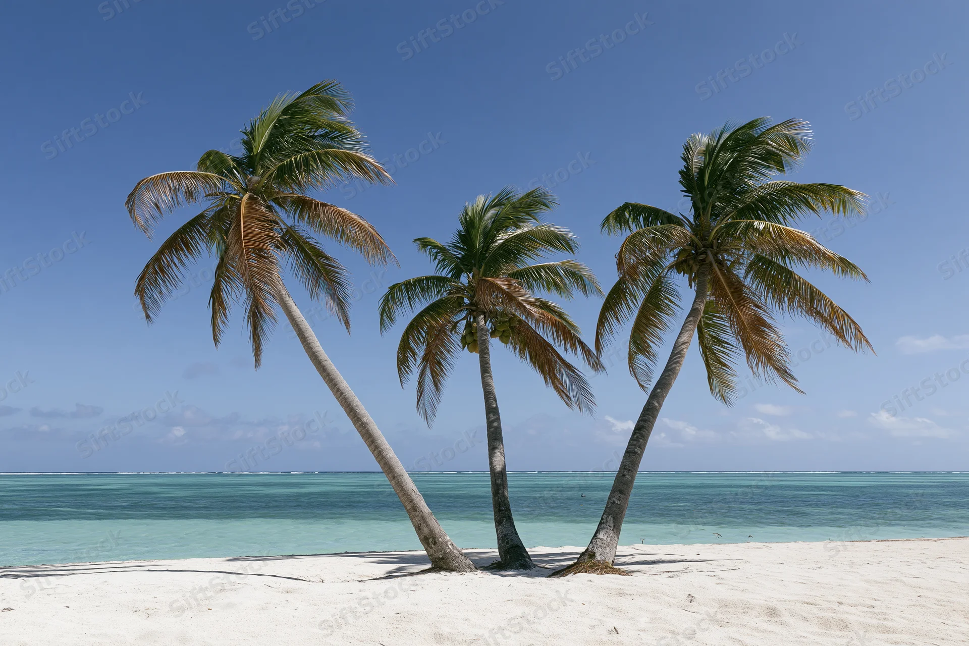 Three palm trees on a white sand beach beside turquoise ocean under clear blue sky