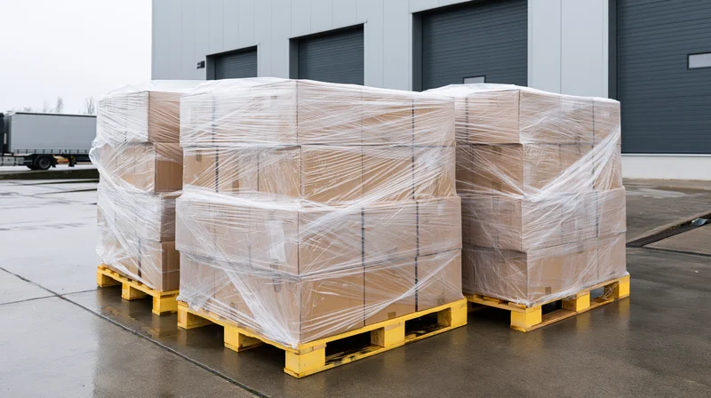 Stacked cardboard boxes wrapped in plastic on yellow pallets outside a warehouse loading dock