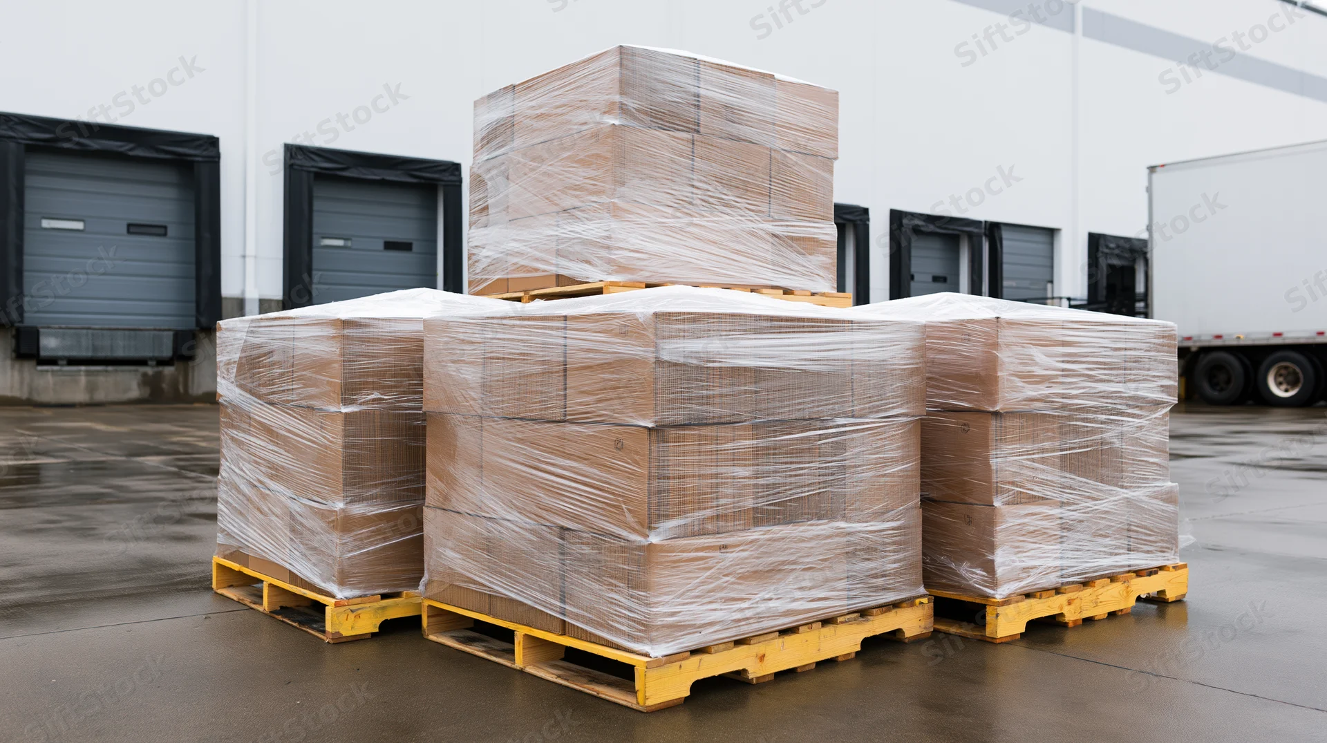 Stacked pallets wrapped in plastic with cardboard boxes at a warehouse loading dock