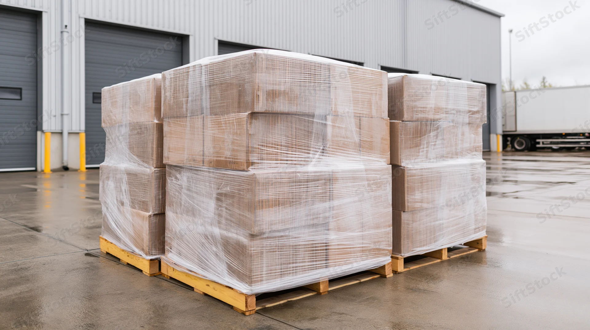 Stacked cardboard boxes wrapped in plastic on wooden pallets outside a warehouse loading dock
