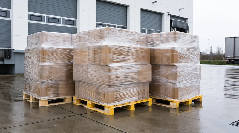 Stacked pallets wrapped in plastic shrinkwrap outside a warehouse loading dock on a wet day