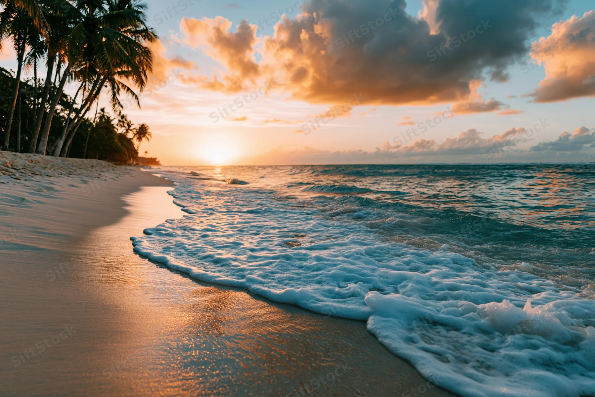 Waves washing onto a sandy beach at sunset with palm trees along the shore