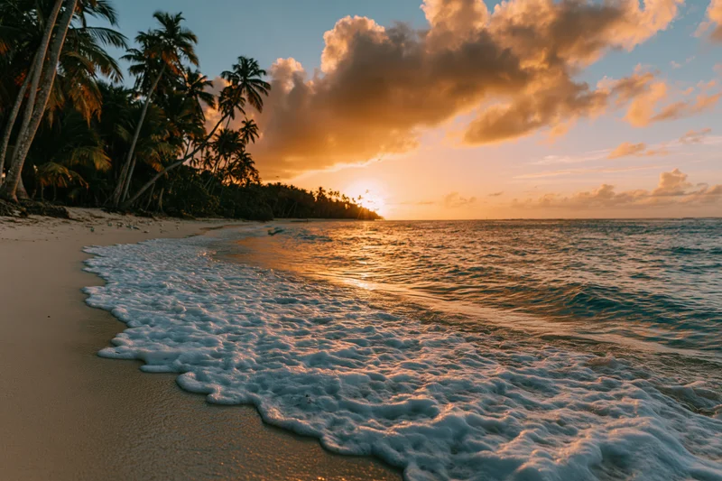 Waves with foam washing onto sandy beach at sunset beside palm trees