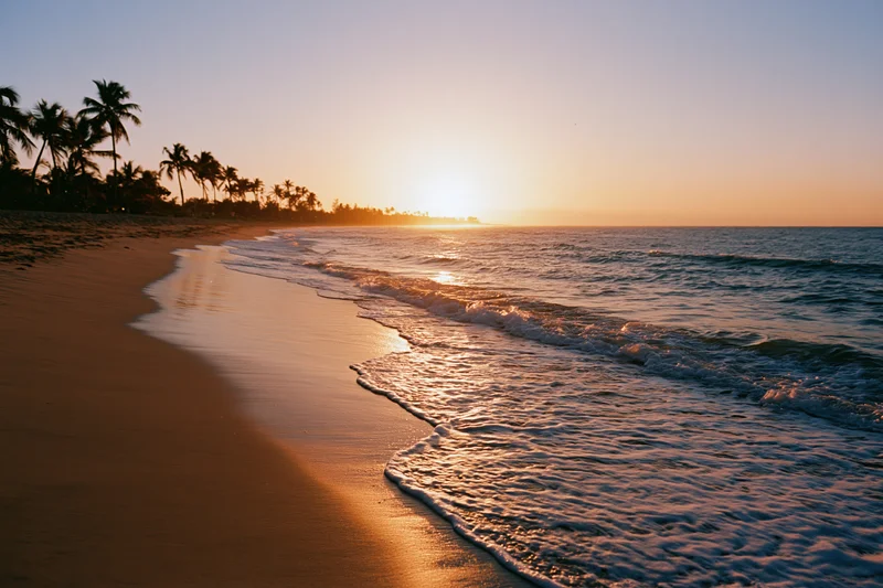 Waves rolling onto a sandy beach at sunset with palm trees along the shore