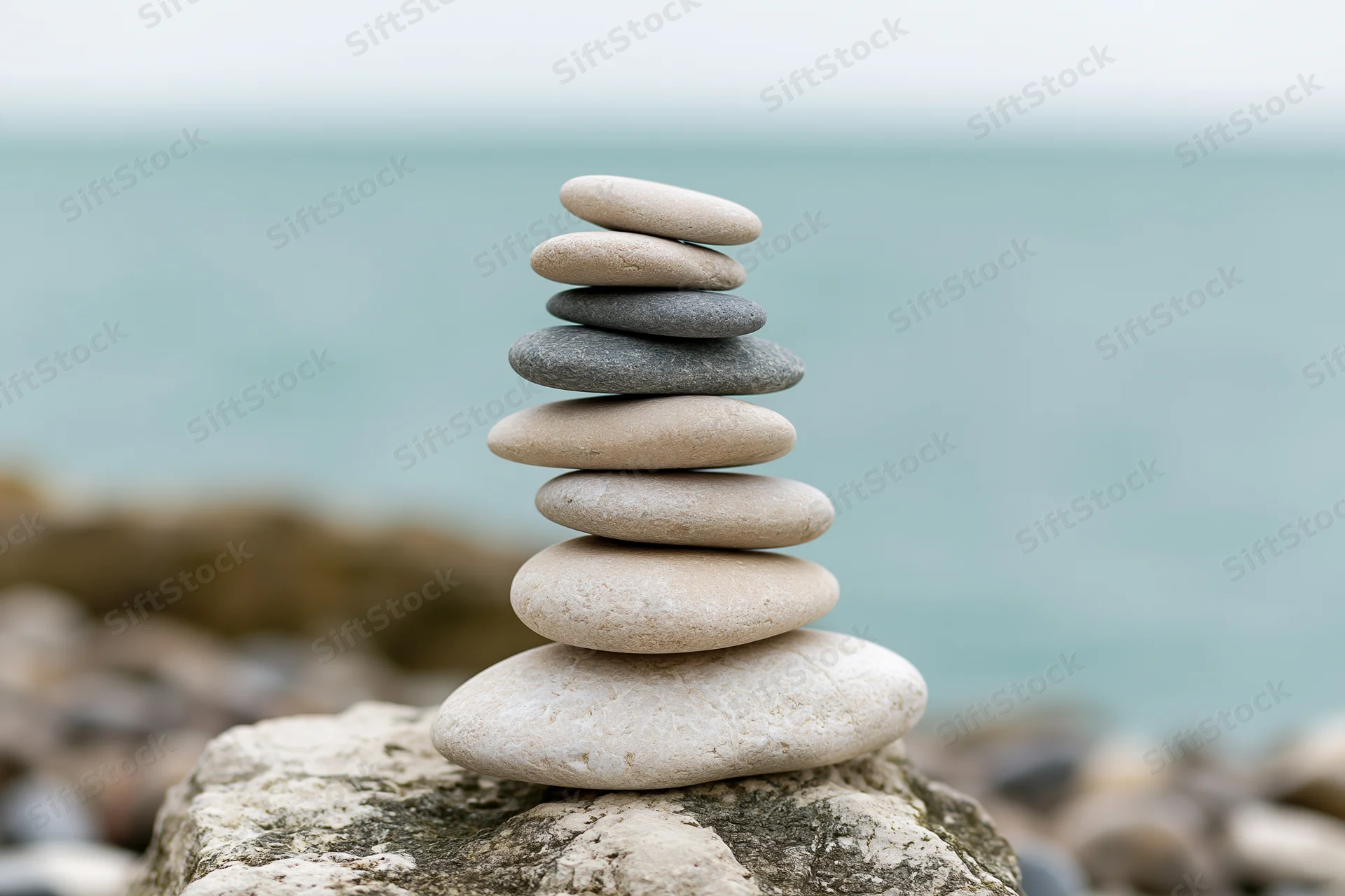 Stack of smooth stones balanced on a rock by the ocean