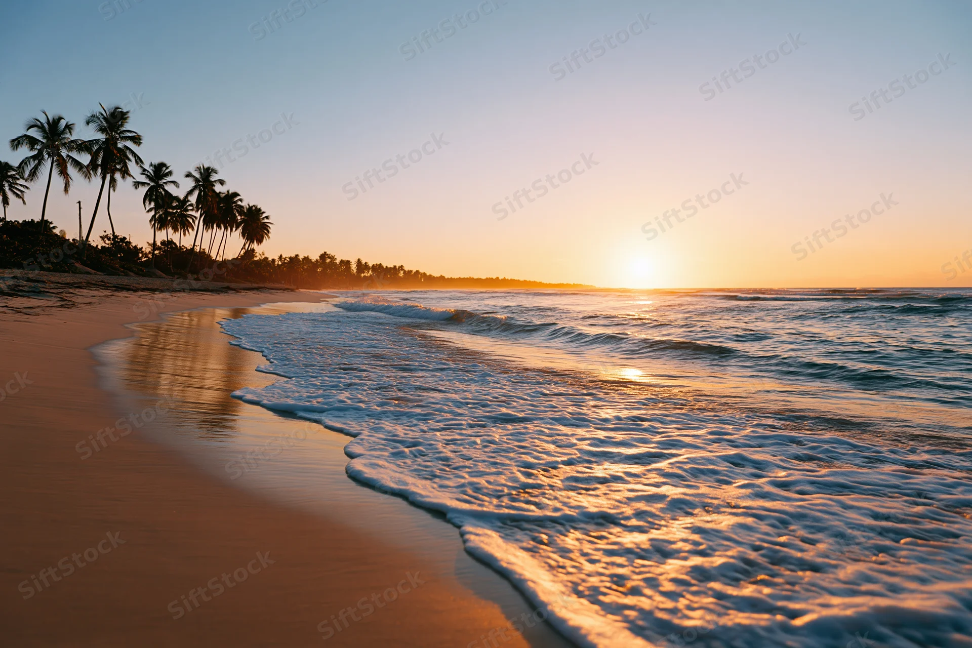Waves rolling onto a sandy beach at sunset with palm trees silhouetted against the sky