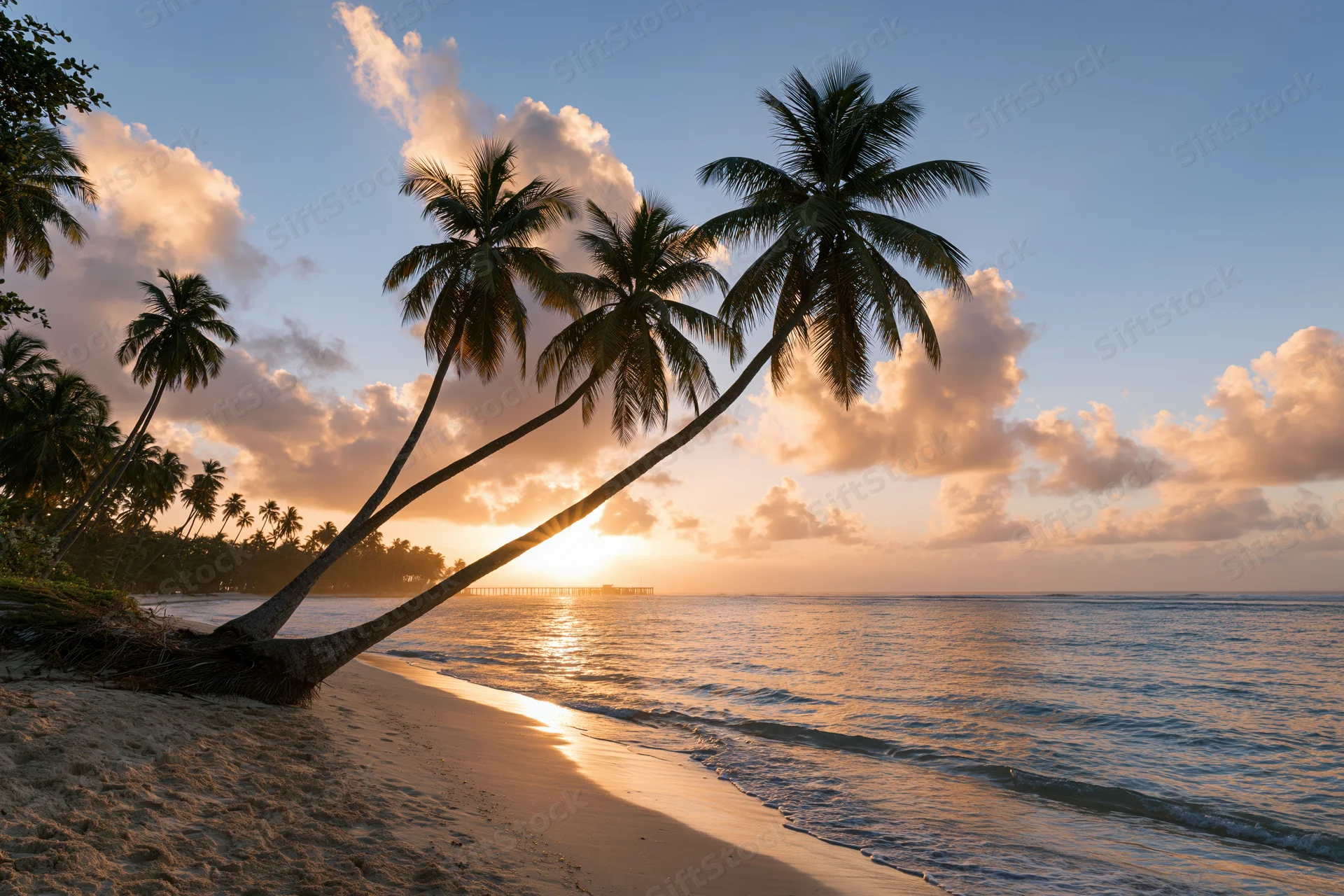 Palm trees silhouetted at sunset on a sandy beach beside calm ocean waters
