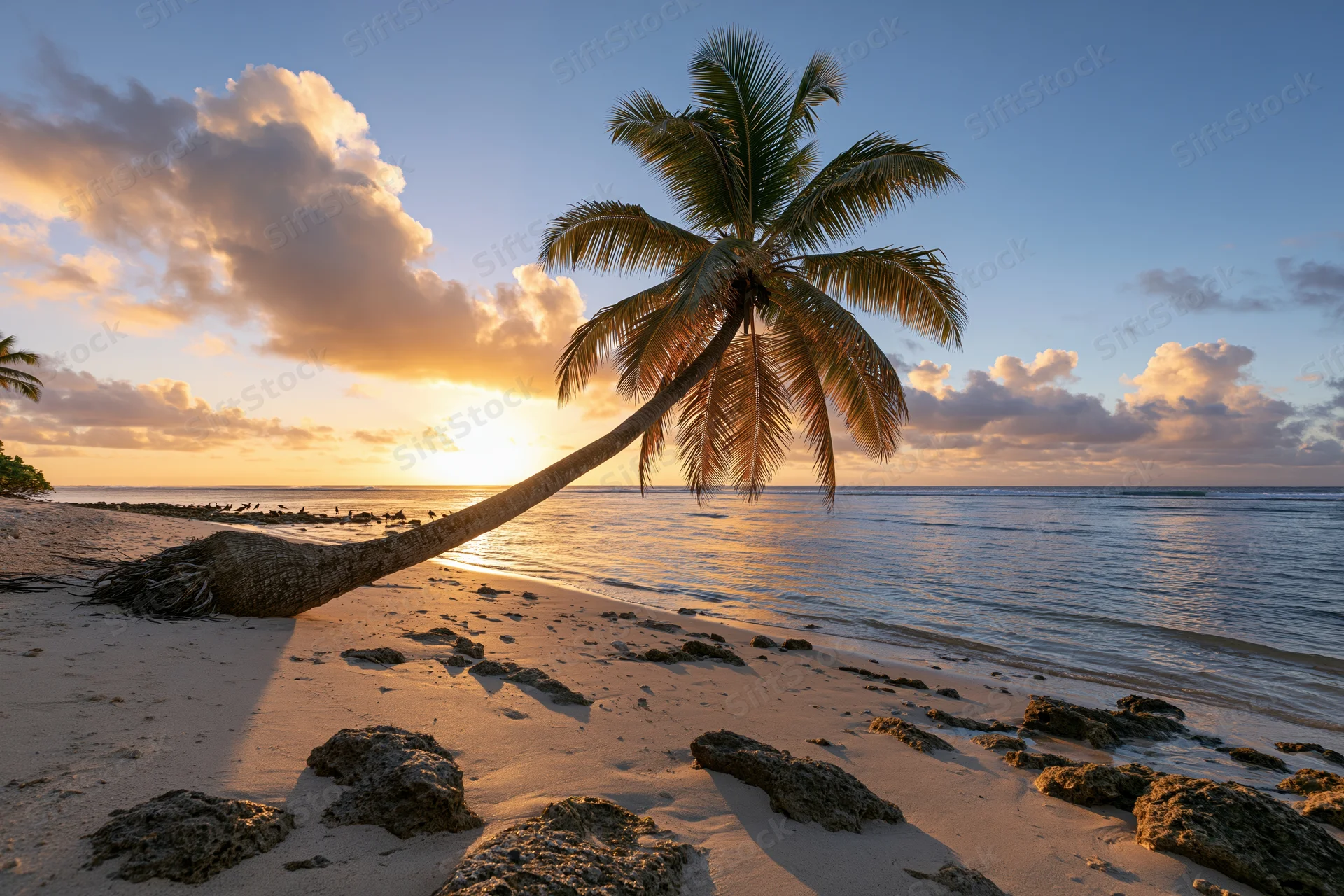 Palm tree leaning over sandy beach at sunset beside calm ocean