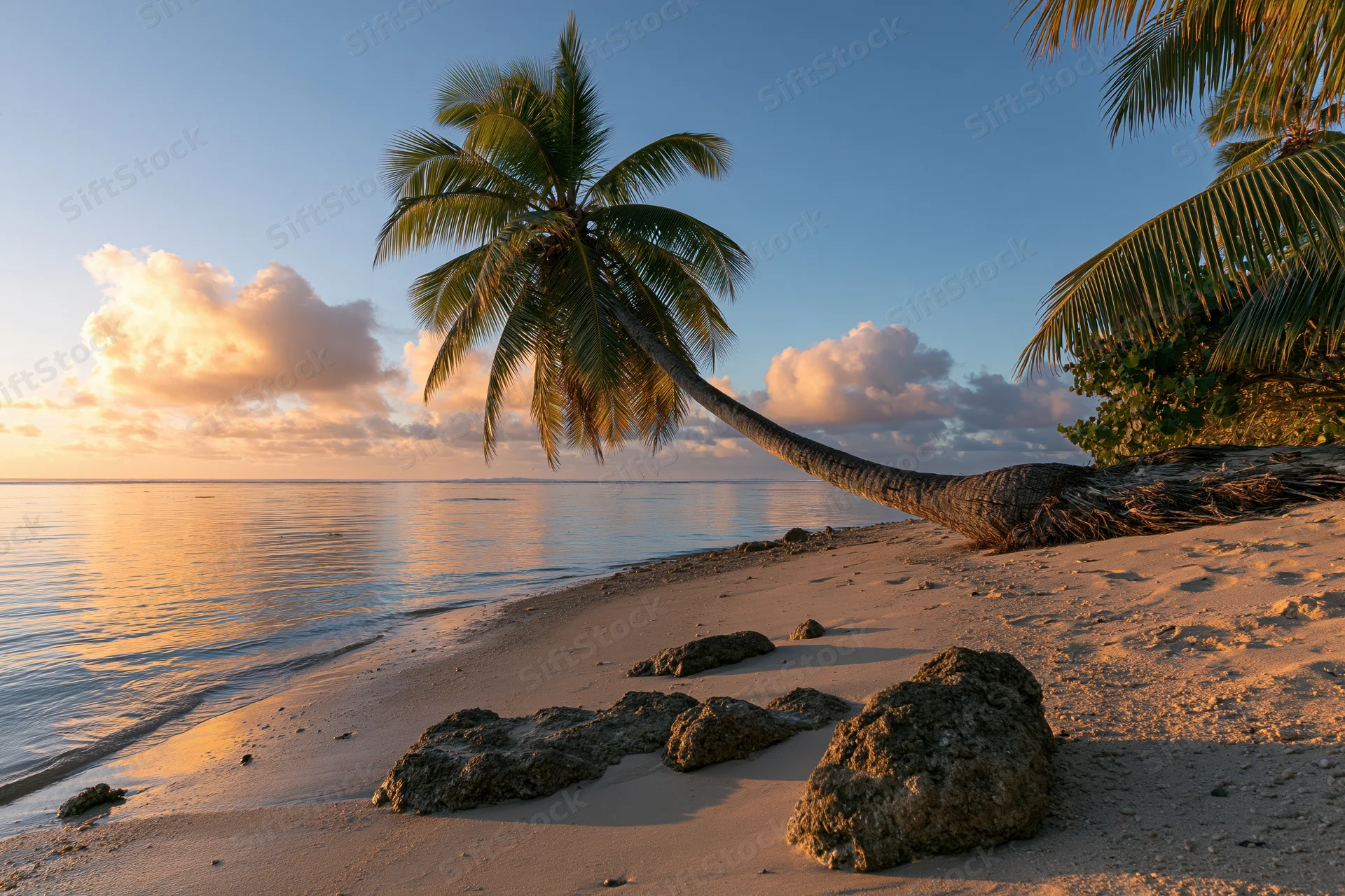 Palm tree leaning over sandy beach at sunset with calm ocean and clouds in sky