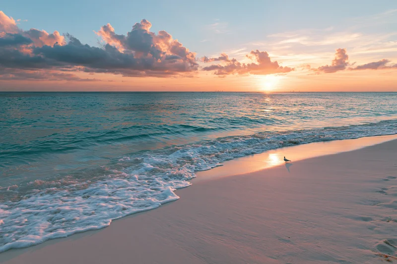 Waves rolling onto a sandy beach at sunset with clouds in the sky