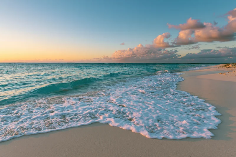 Gentle waves with white foam rolling onto sandy beach at sunset under pink and blue sky
