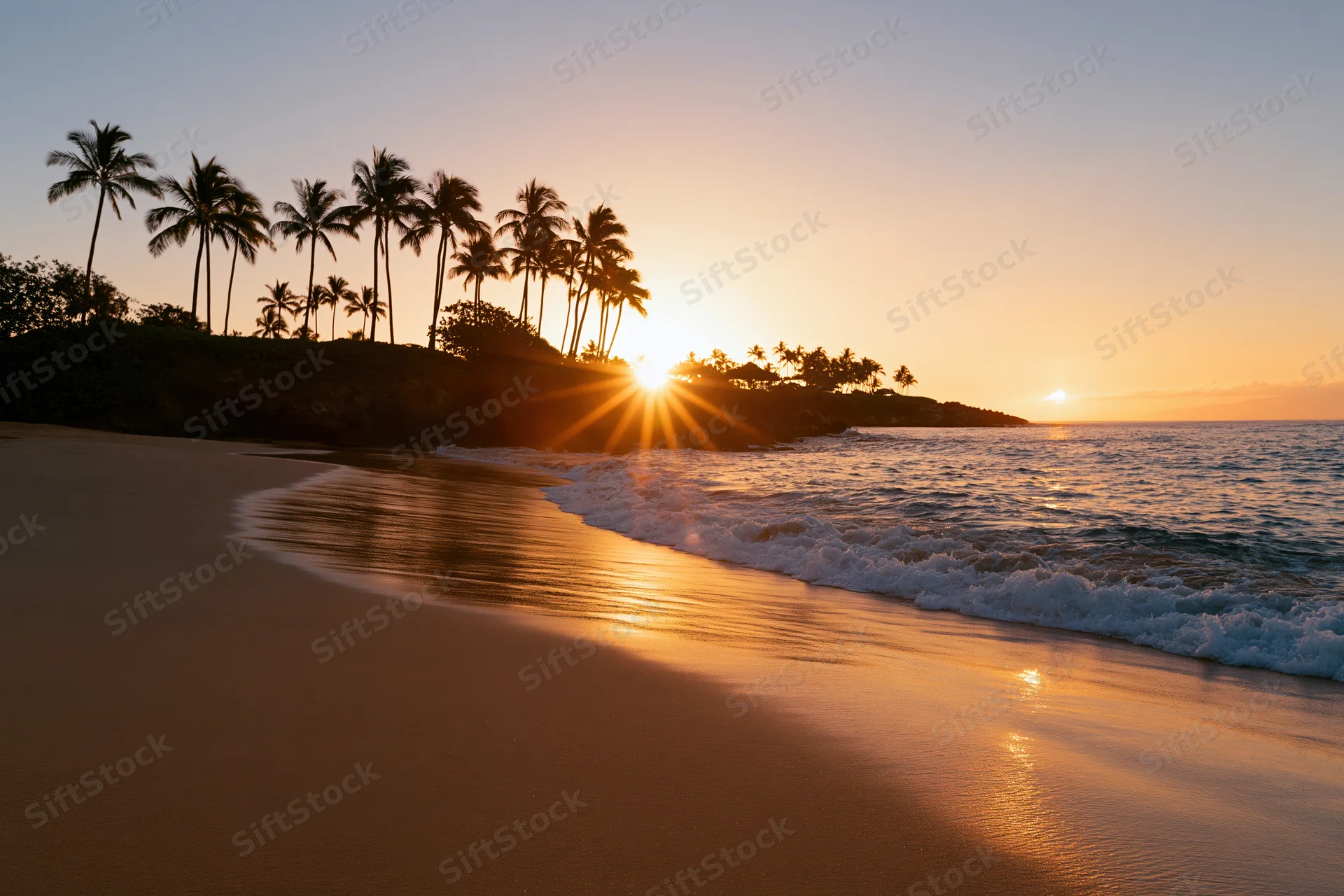 Sunset over tropical beach with palm trees silhouetted against ocean waves