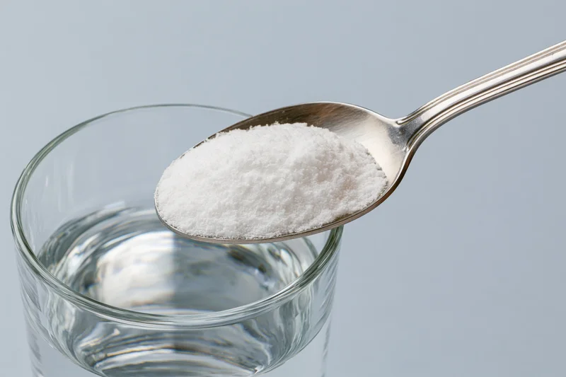 Spoon holding white powder above a glass of water