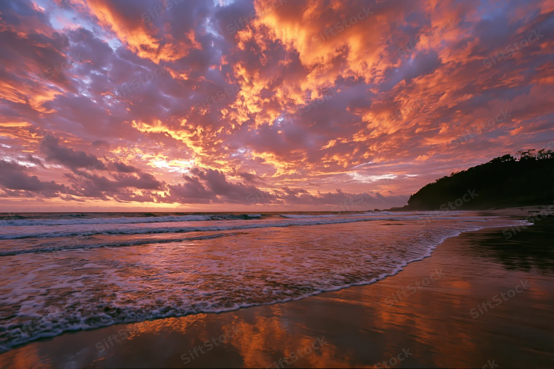Vibrant sunset over a tropical beach with waves rolling onto the shore under a fiery sky