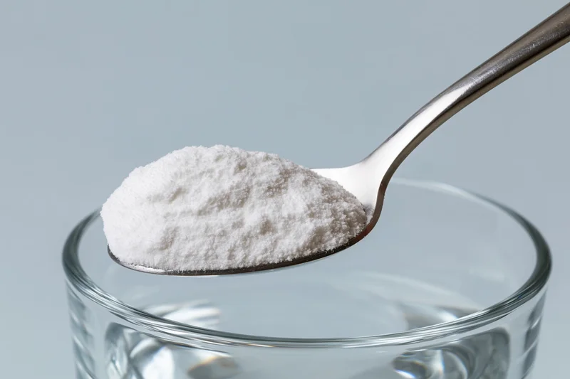 Spoon holding white powder above a glass of water