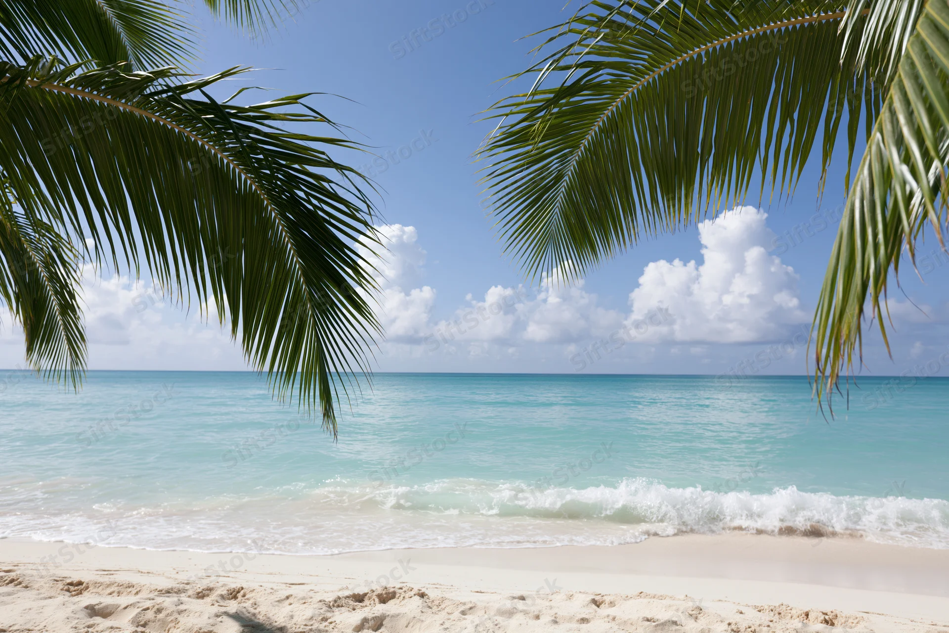Palm fronds framing a turquoise ocean view from a sandy beach under a blue sky with white clouds