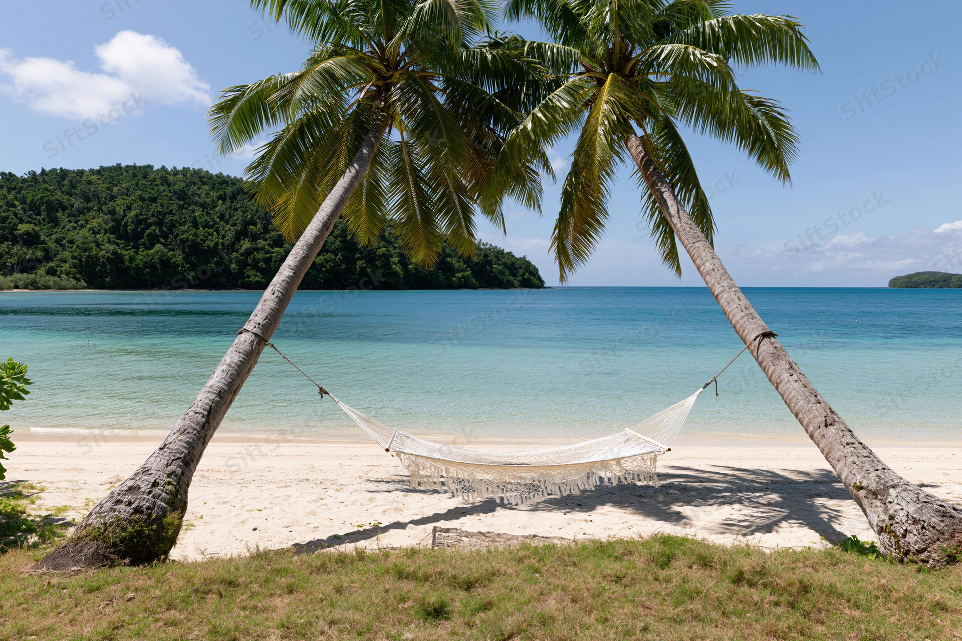 White hammock strung between two palm trees on a sandy beach overlooking turquoise ocean