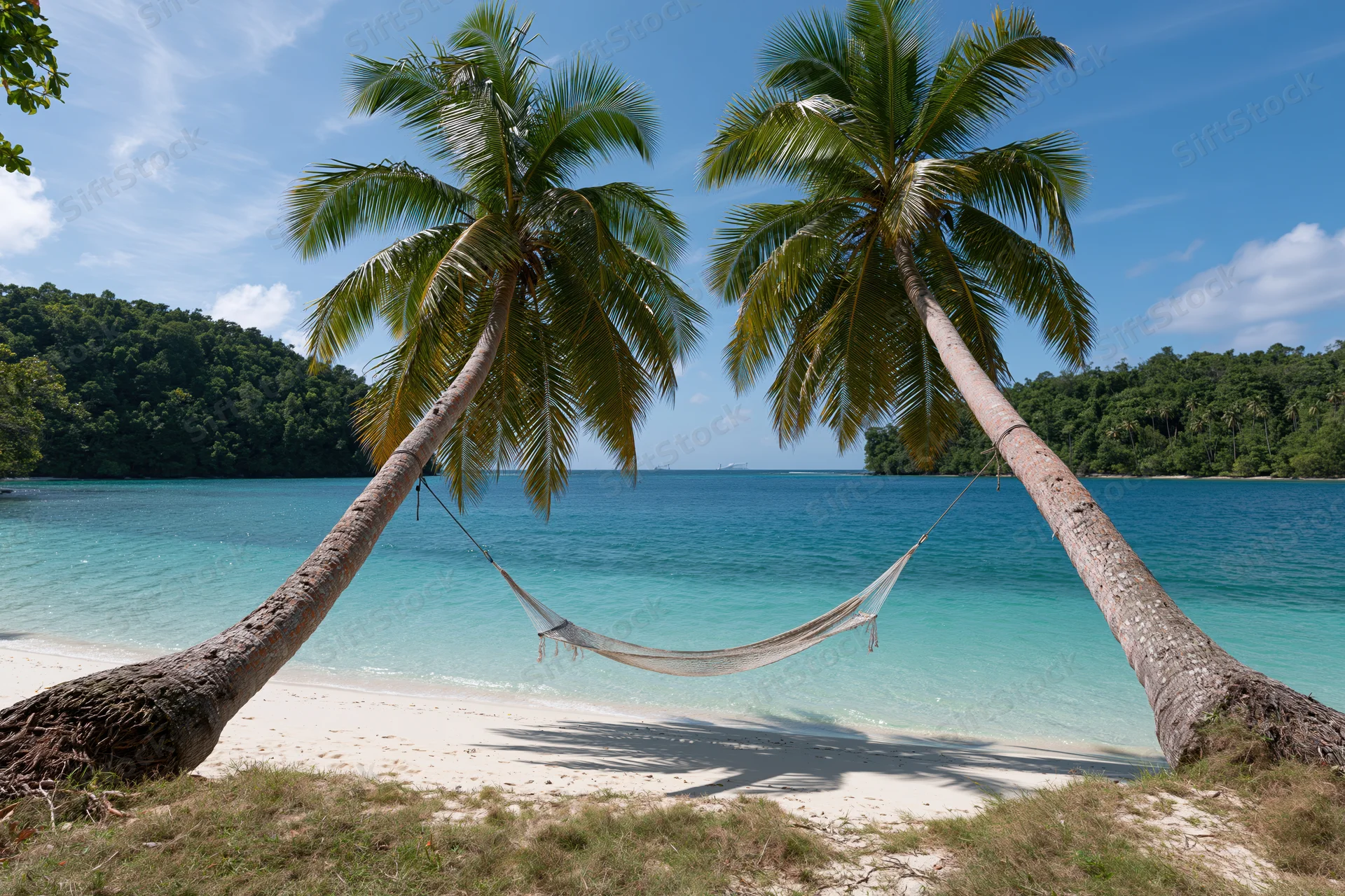 Hammock strung between two palm trees on a sandy beach overlooking turquoise ocean water