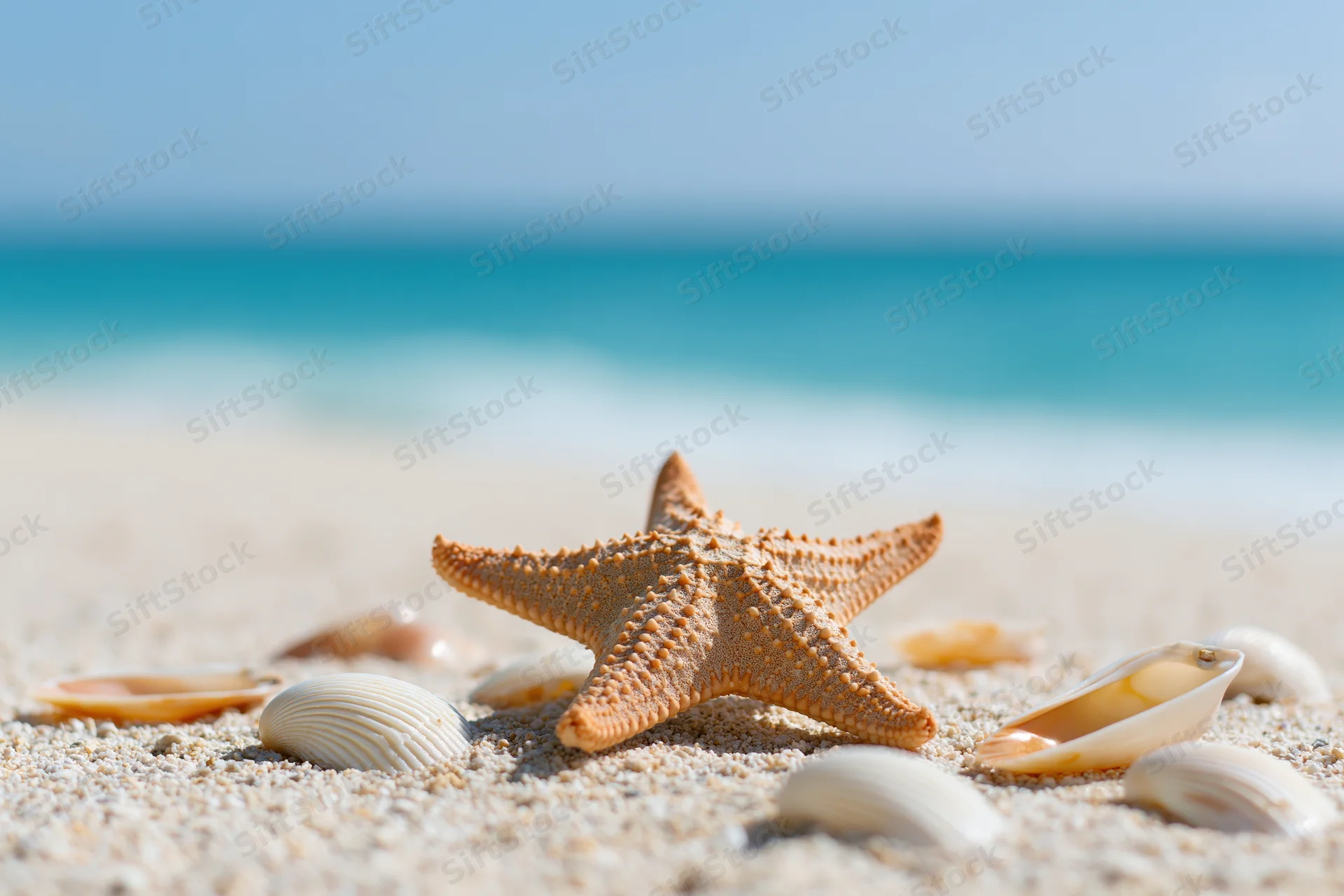Starfish and seashells on sandy beach with ocean in background