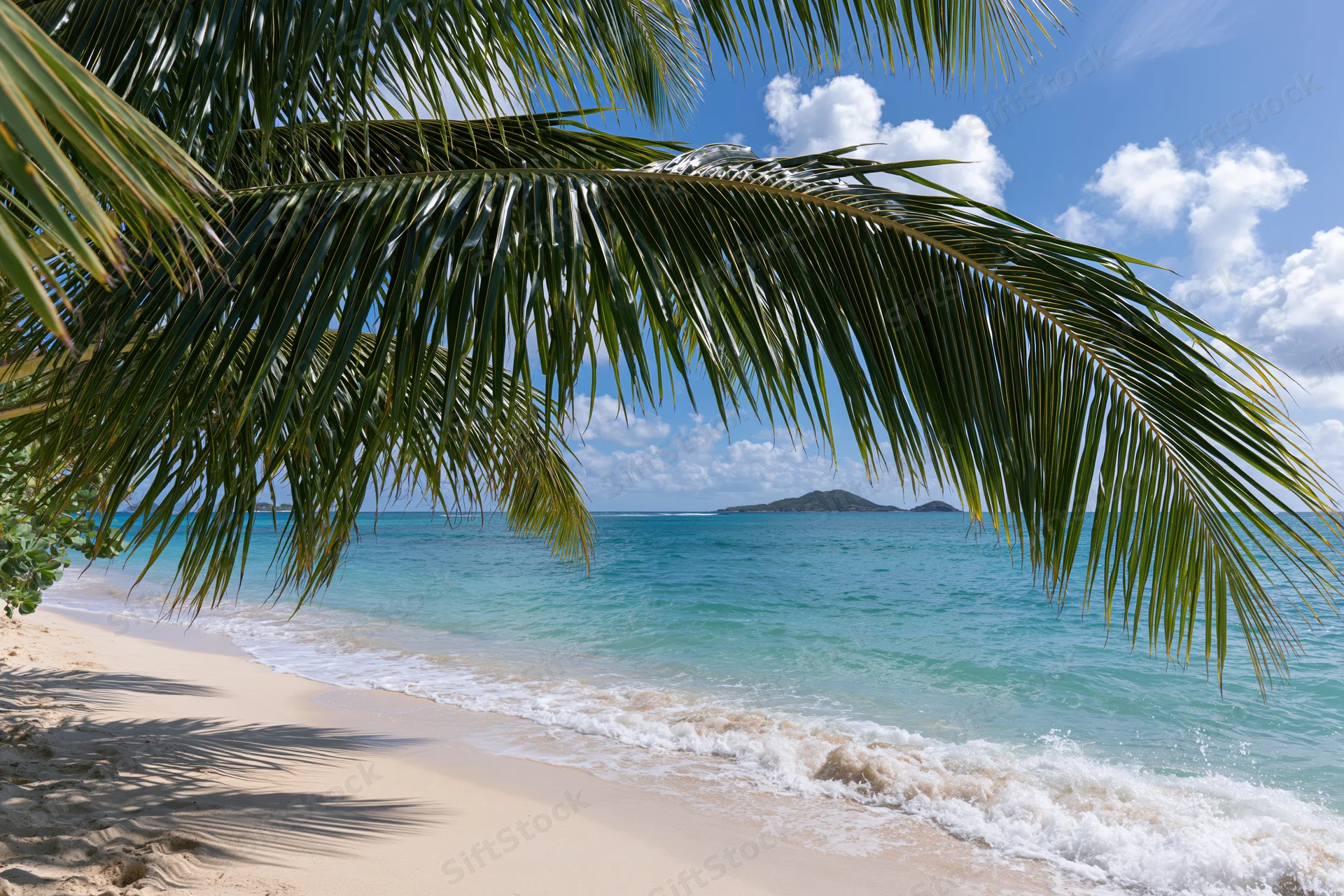 Palm fronds framing a tropical beach with turquoise ocean and distant island under a blue sky