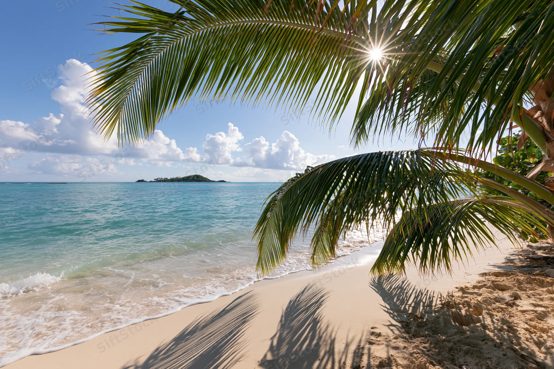 Palm fronds framing a tropical beach with turquoise ocean and distant island under bright sun